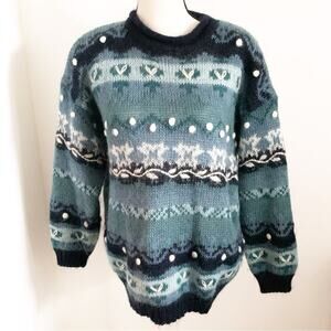Christopher & Banks M Vintage Mohair Blend Hand Embroidered Blue Green Sweater